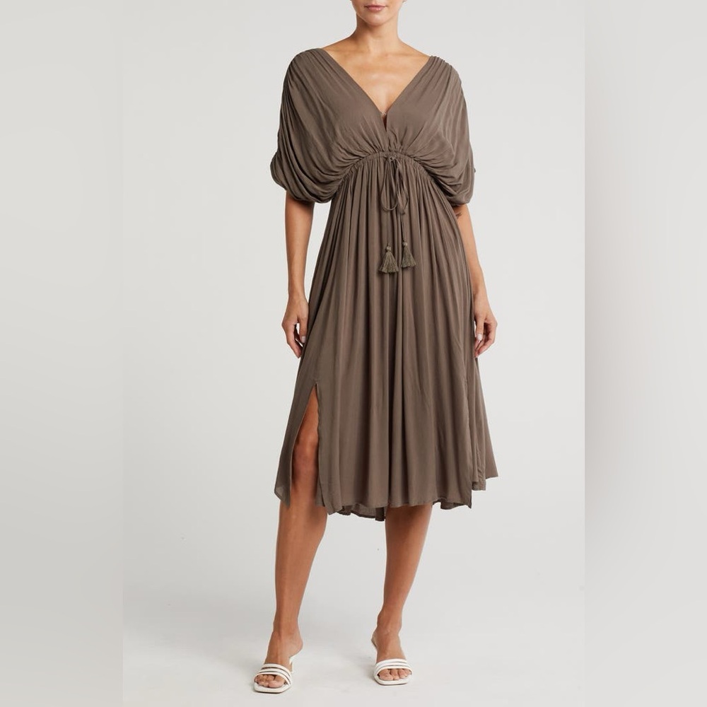 Black Dolman Sleeve Tie Waist Midi Dress 100% Rayon VNeck Front & Back Dress